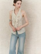 someonesometimes Ruffle Halter Slim Fit Cropped Solid Almond Stretch Tank Tops
