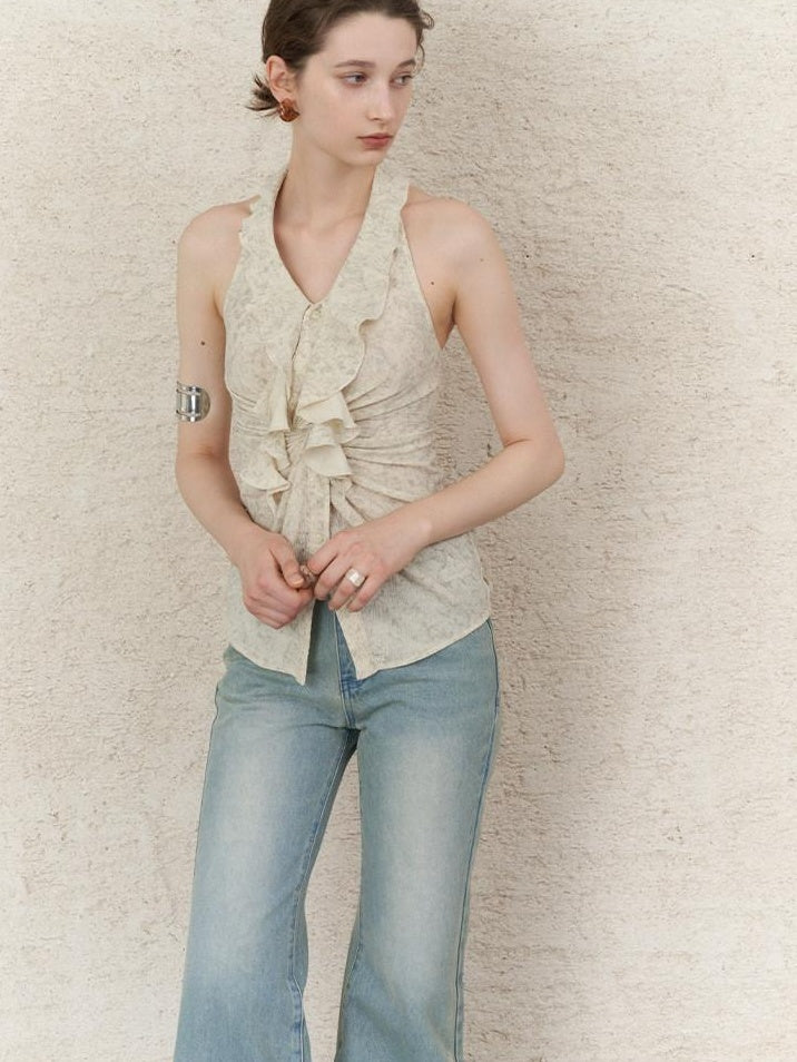 someonesometimes Ruffle Halter Slim Fit Cropped Solid Almond Stretch Tank Tops