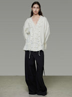 unspoken Breathable V-neck Drawstring Loose Casual Pullover Women Commuter Sweaters