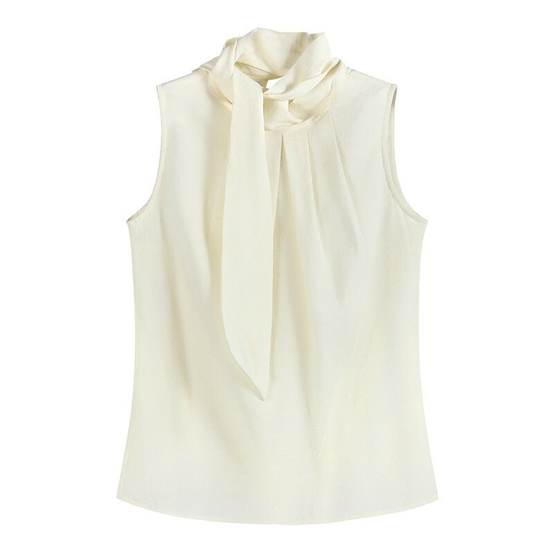 someone_sometimes_Original_Slim_Tie_Detail_Stand_Collar_Sleeveless_Cream_Pullover_Top_&_Skirt_Sets_MISSTT