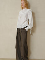 someonesometimes Cooling French Loose Round Neck Sparkle White Nylon Long Sleeve Blouses