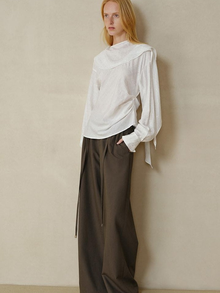 someonesometimes Cooling French Loose Round Neck Sparkle White Nylon Long Sleeve Blouses