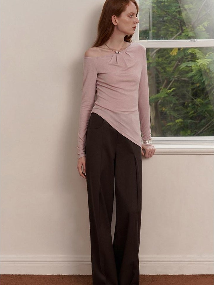 someone sometimes Lyocell Wool Blend Lightweight Asymmetric Neck Slim Casual Long Sleeve T-Shirts