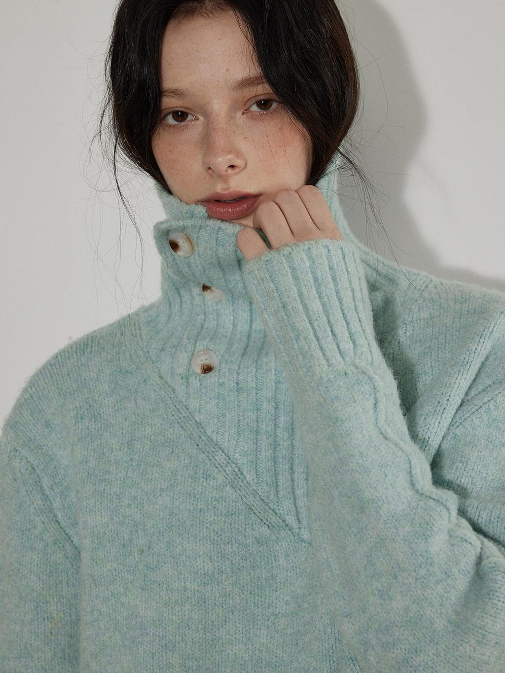Lofi choose Cozy High Neck Loose Fit Commuter Knit Pullover Blue Polyester Sweaters