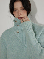 Lofi choose Cozy High Neck Loose Fit Commuter Knit Pullover Blue Polyester Sweaters