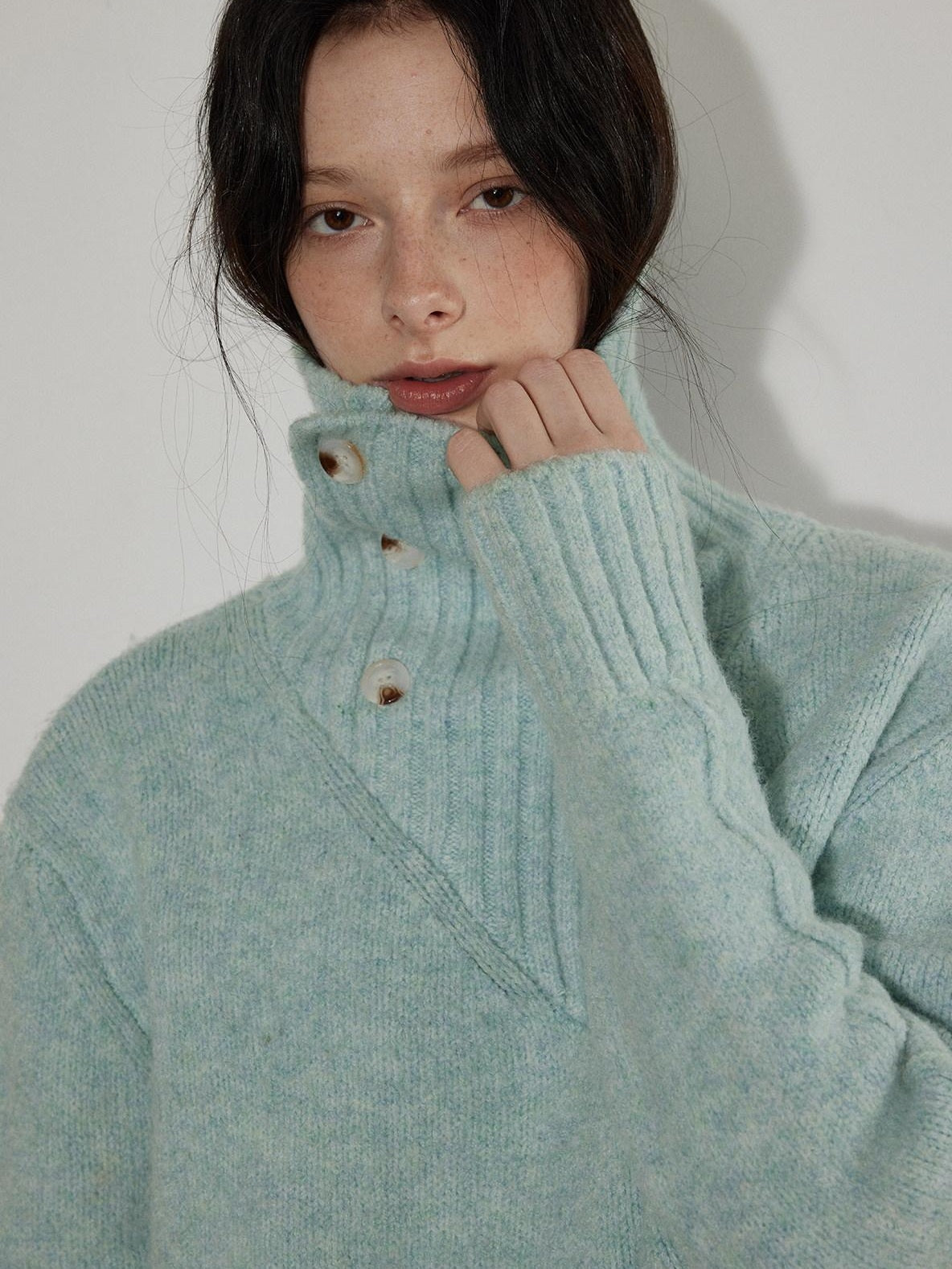 Lofi choose Cozy High Neck Loose Fit Commuter Knit Pullover Blue Polyester Sweaters