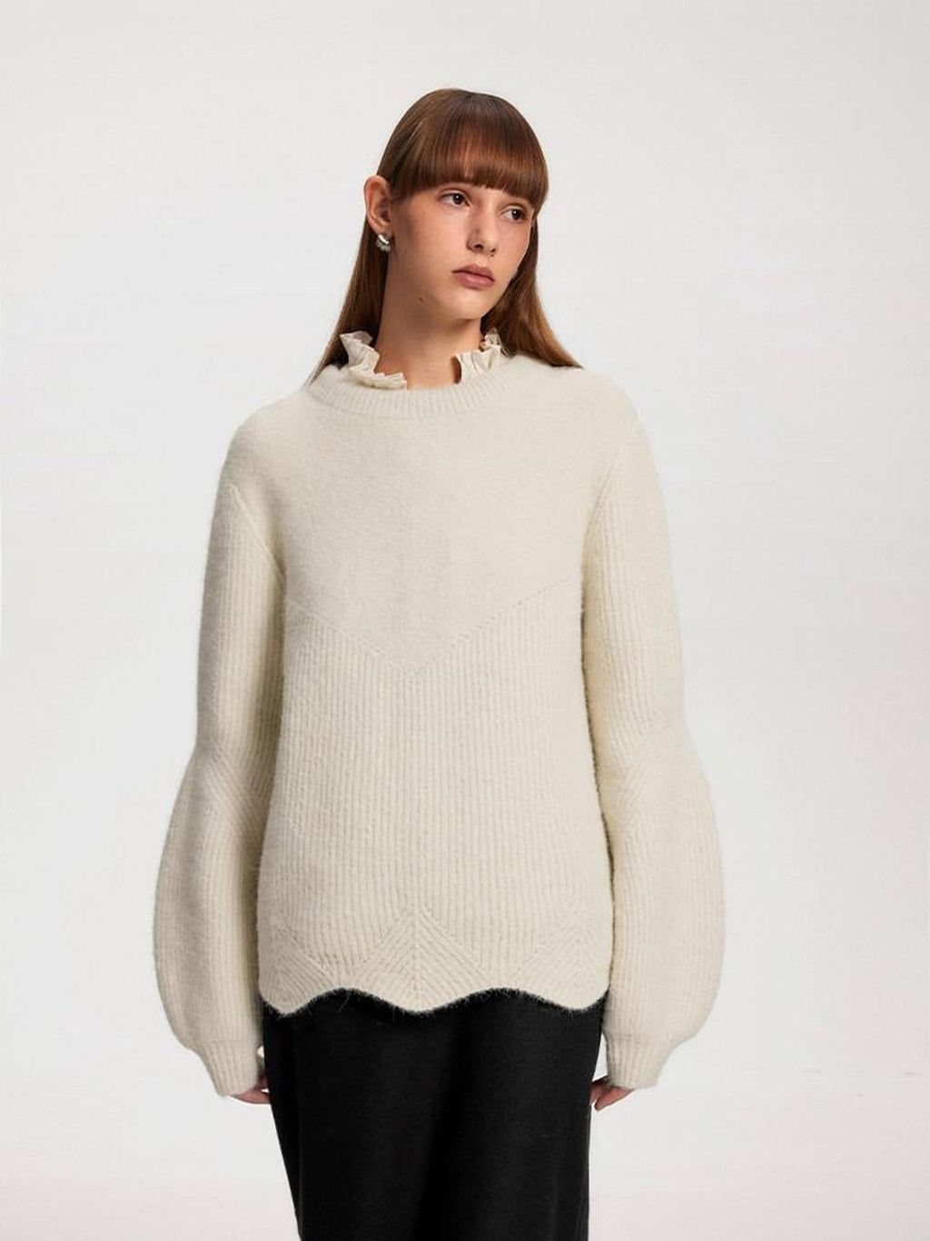 someone sometimes Recycled Viscose Wool Blend Commuter Crew Neck Pullover Cream Sweaters