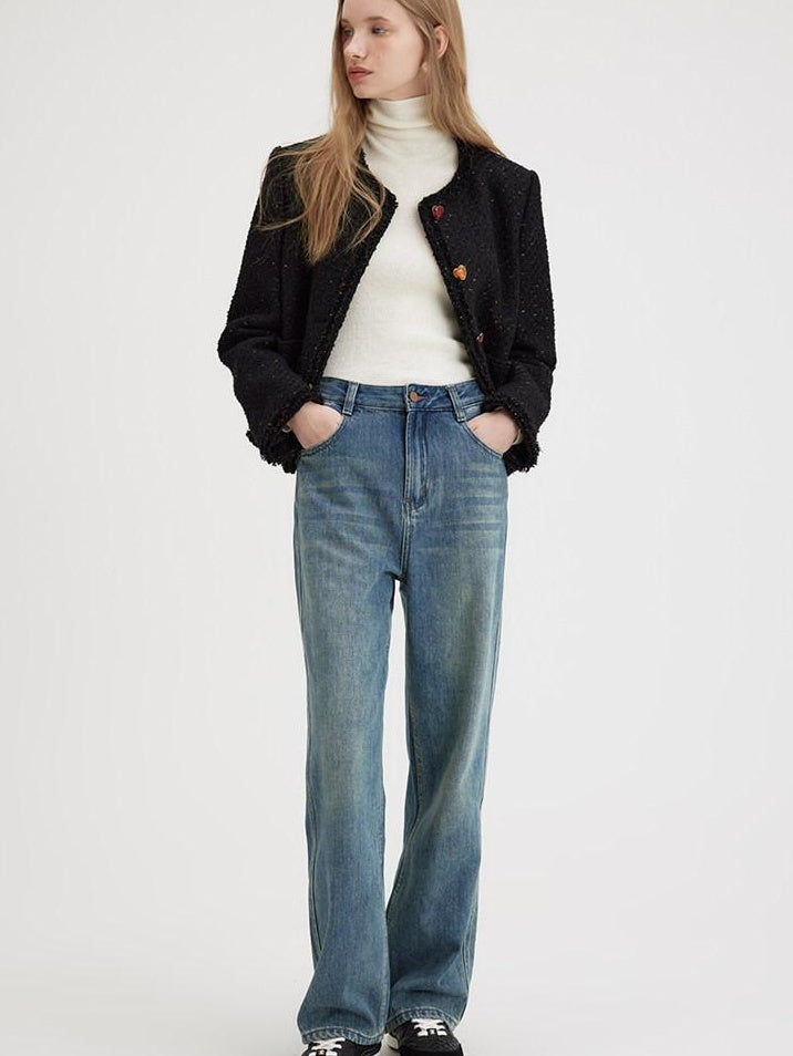 fano High Waist Washed Clean Straight Rigid Denim Blue Straight Leg Jeans