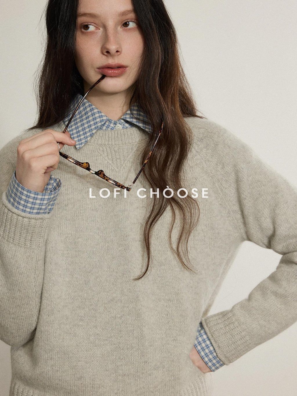 Lofi choose Wool Blend Loose Fit Rolled Hem Commuter Crew Neck Women Light Grey Sweaters