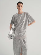 audreyyang Sparkling Sequin Casual Loose Fit Women Crew Neck Top & Skirt Sets