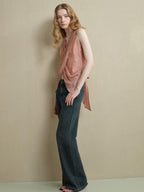 someonesometimes Ribbed Patchwork Zip Front Commuter Strappy Loose Fit Women Tank Tops