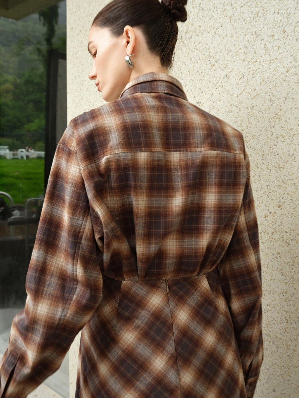audreyyang Brushed Cotton Sunset Orange Belted Plaid Cardigan Women Top & Skirt Sets