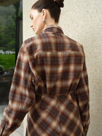 audreyyang Brushed Cotton Sunset Orange Belted Plaid Cardigan Women Top & Skirt Sets