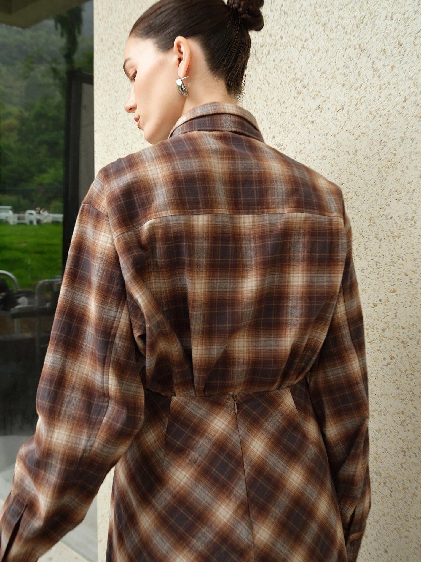 audreyyang Brushed Cotton Sunset Orange Belted Plaid Cardigan Women Top & Skirt Sets