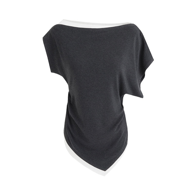 unspoken_Slim_Fit_Colorblock_Short_Sleeve_Pullover_Slanted_Collar_Office_Rayon_Blouses_MISSTT