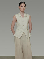 unspoken Breathable Polyester Linen Blend Loose Fit Button Front Office Women Vests