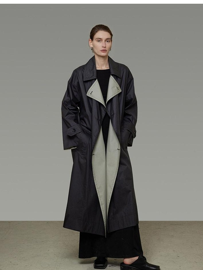 unspoken Minimal Commuter Long Double Breasted Loose Fit Women Black Olive Trench Coats