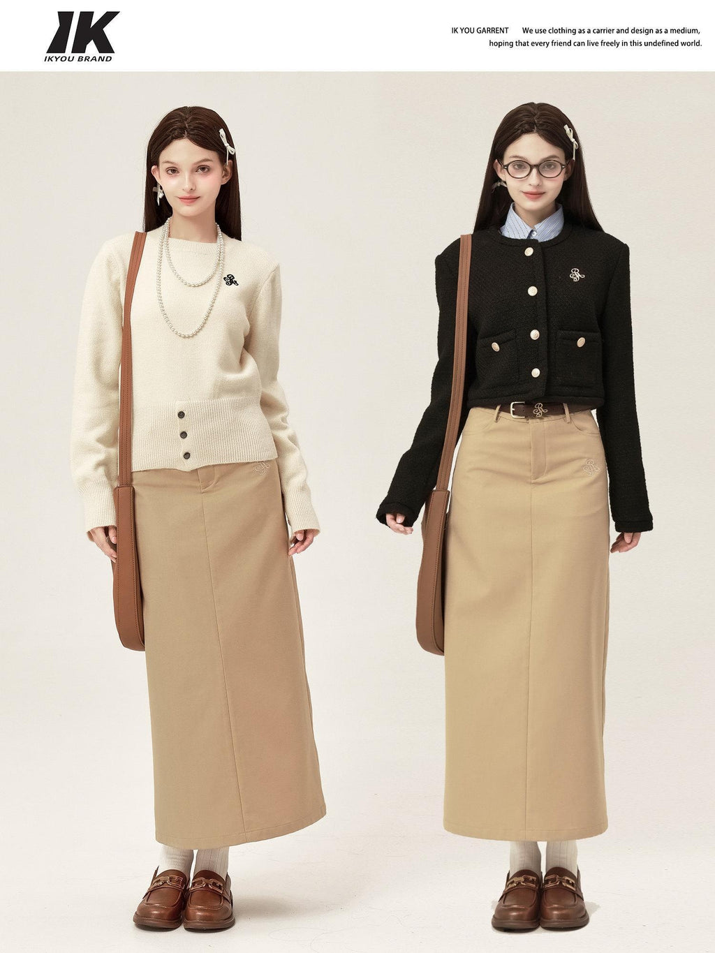 ikyou High Waist Embroidered A Line Minimal Office Midi Khaki Black Maxi Skirts