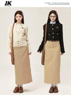 ikyou High Waist Embroidered A Line Minimal Office Midi Khaki Black Maxi Skirts