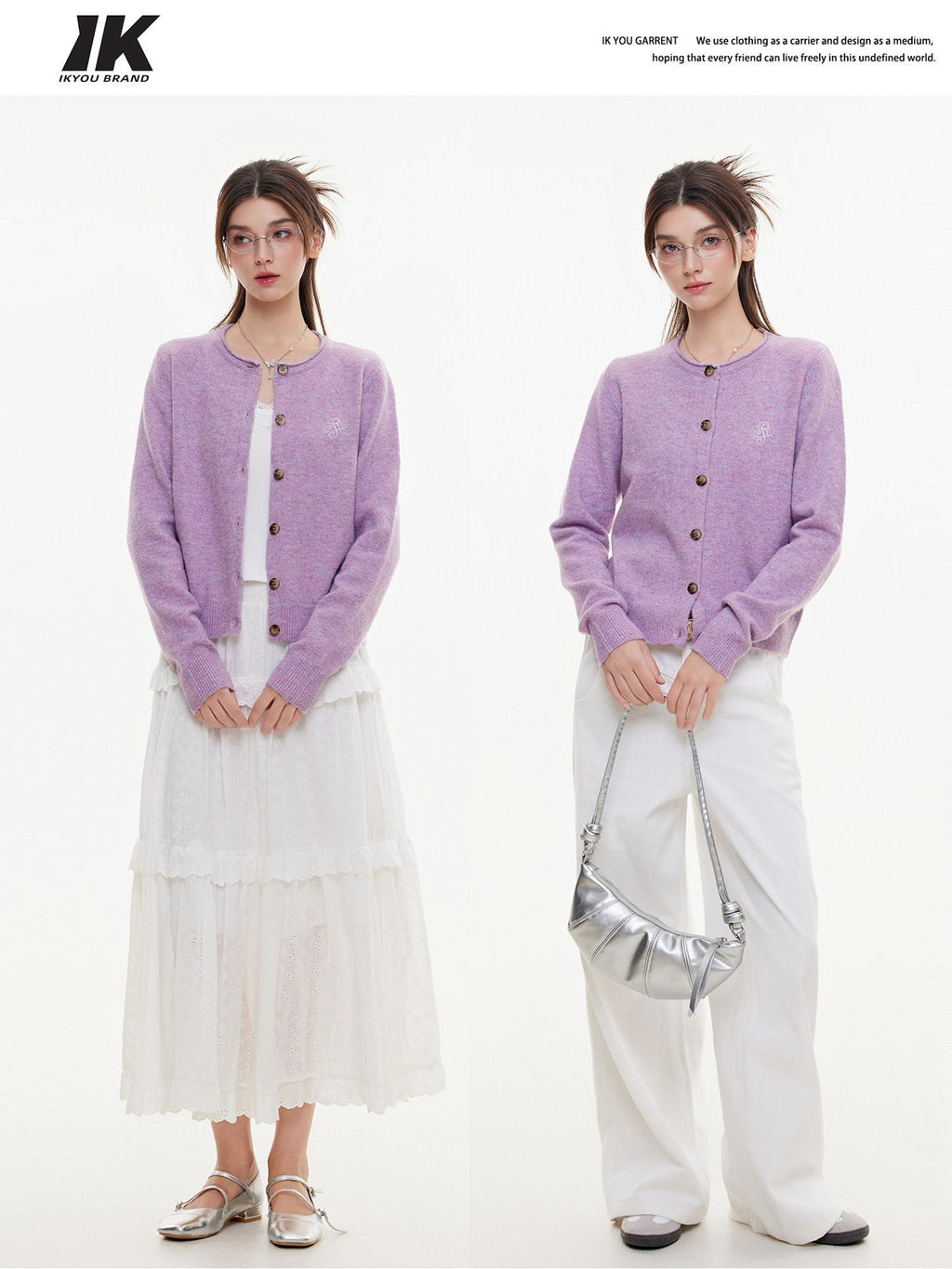 ikyou Eco Recycled Warm Commuter Loose Embroidered Knit Long Sleeve Purple Cardigans