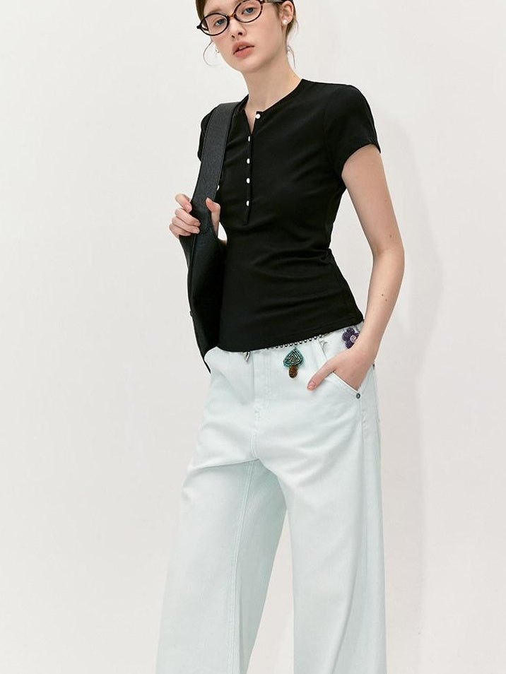 fano Black Slim Fit Half Collar Button Commuter Women Lyocell Short Sleeve T-Shirts