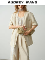 audreyyang Pure Linen Commuter Loose Fit Short Sleeve V-neck Women White Blazers
