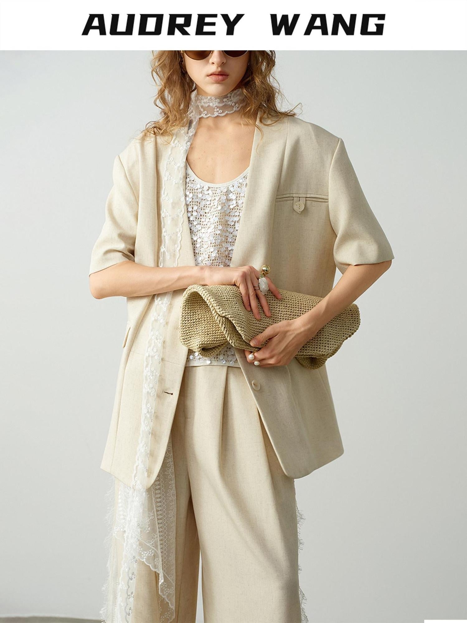 audreyyang Pure Linen Commuter Loose Fit Short Sleeve V-neck Women White Blazers