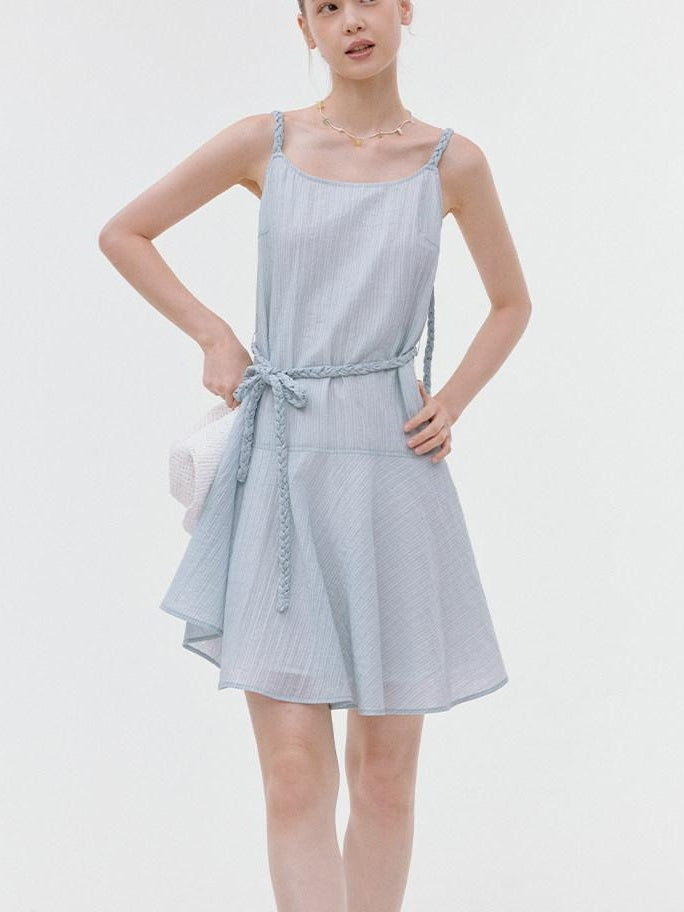 fano Elegant High Waist Aline Sleeveless Tie Waist Lyocell Light Blue Midi Dresses