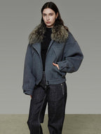 unspoken Deep Gray Cotton Zip Fur Collar Relaxed Commuter Insulated Puffer Jackets
