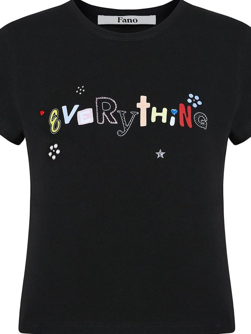 fano Creative Print Soft Cotton Blend Fitted Korean Black Long Sleeve Crop Tops