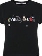 fano Creative Print Soft Cotton Blend Fitted Korean Black Long Sleeve Crop Tops