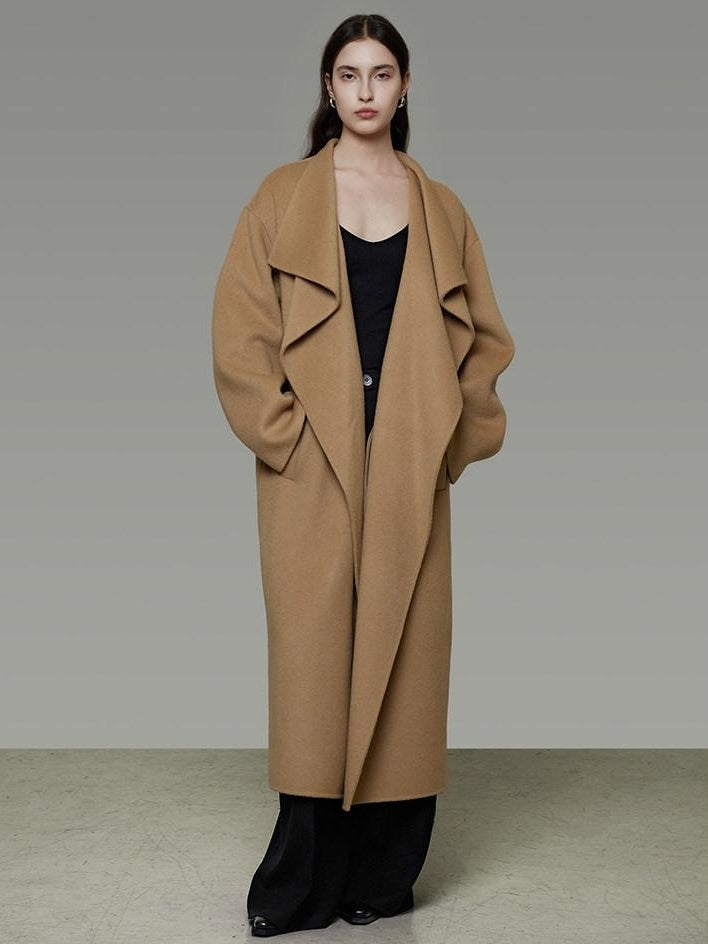 unspoken Thick 100 Percent Sheep Wool Long Loose Lapel Minimalist Sand Brown Wool Coats