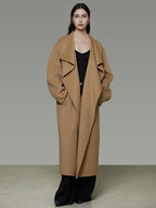 unspoken Thick 100 Percent Sheep Wool Long Loose Lapel Minimalist Sand Brown Wool Coats