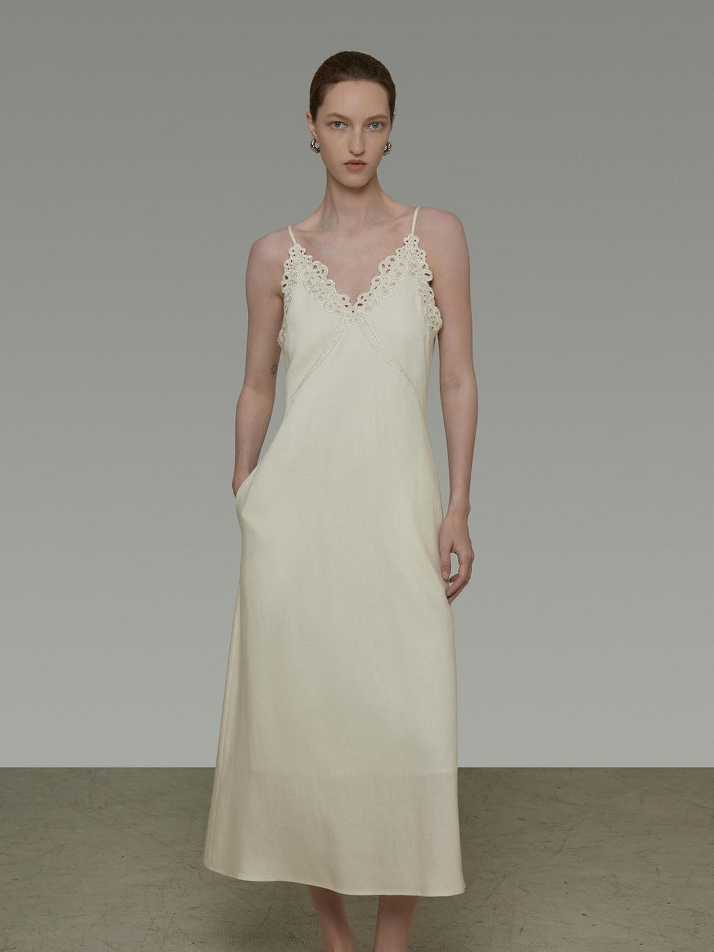 unspoken Embroidered Tencel A Line Cami V-neck Natural Waist Office White Maxi Dresses