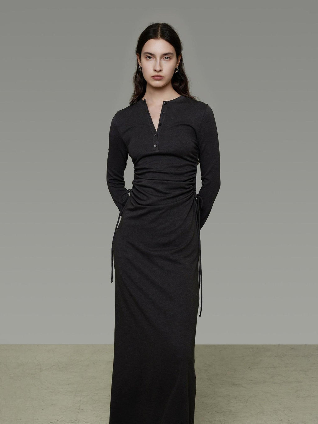 unspoken Breathable Tencel Ruched High Waist A Line Long Sleeve Slim Office Maxi Dresses