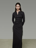 unspoken Breathable Tencel Ruched High Waist A Line Long Sleeve Slim Office Maxi Dresses