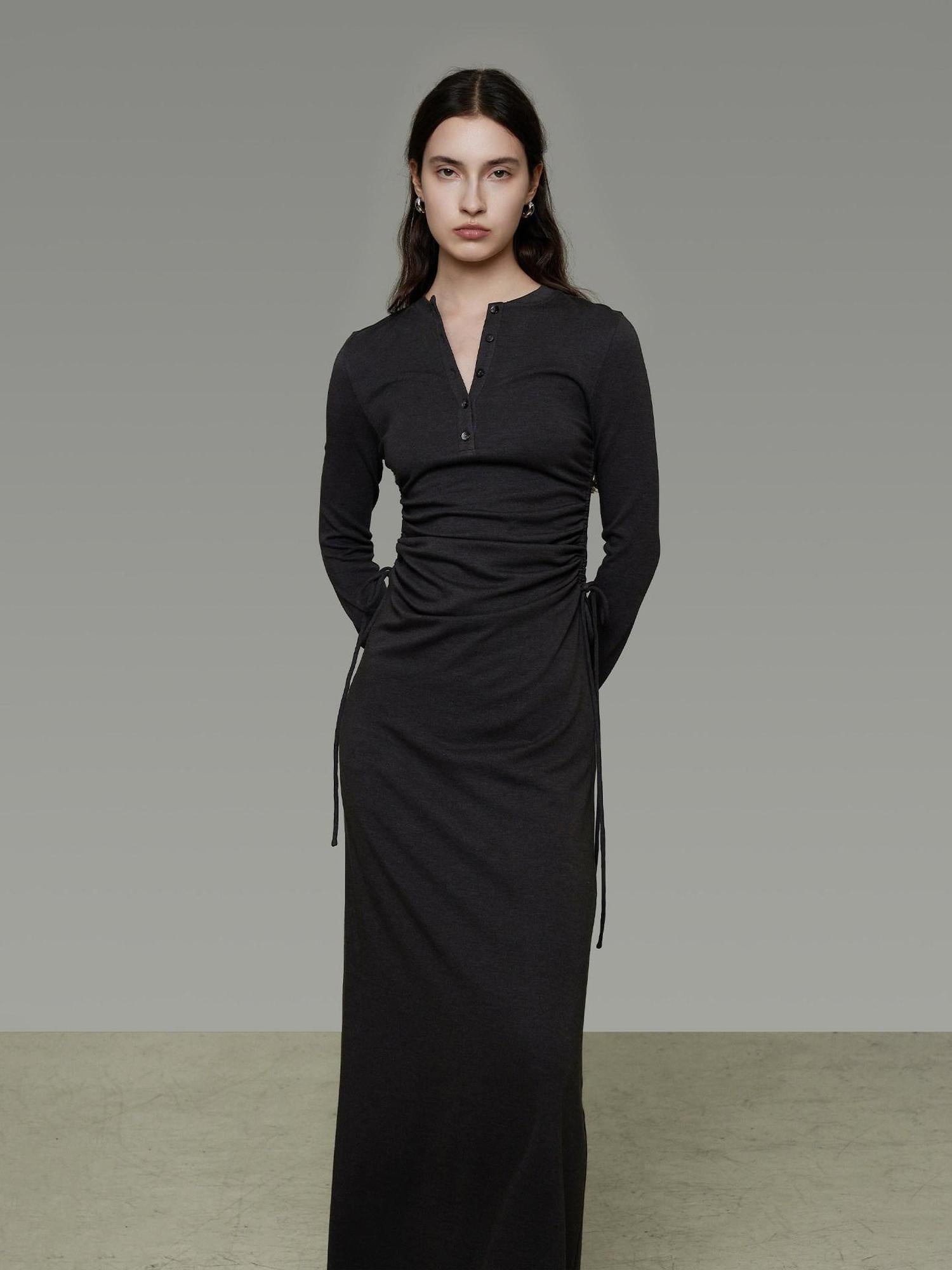 unspoken Breathable Tencel Ruched High Waist A Line Long Sleeve Slim Office Maxi Dresses