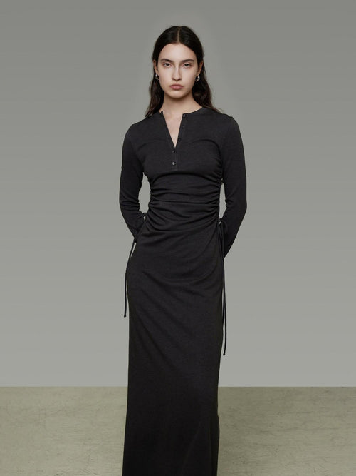 unspoken Breathable Tencel Ruched High Waist A Line Long Sleeve Slim Office Maxi Dresses