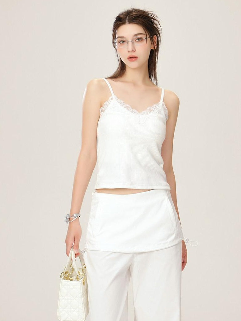 ikyou Lace Trim Slim Fit Spaghetti Strap Office Daily Stretch White Camisoles