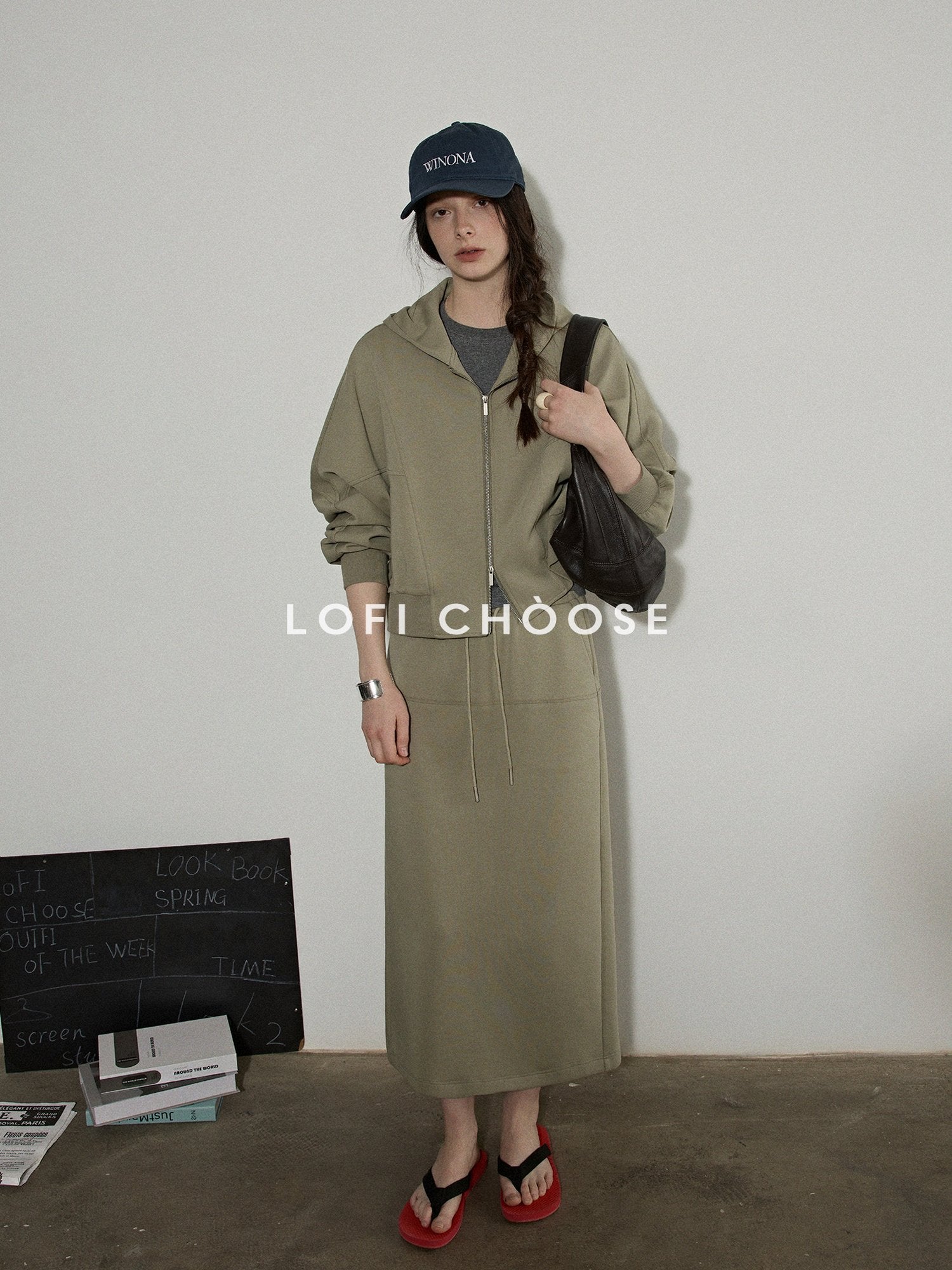 Lofi choose Hooded Zip Cardigan Loose Fit Long Sleeve Workwear Light Green Top & Skirt Sets