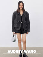 audreyyang Cotton Loose Commuter Lapel Zipper Long Sleeve Women Ash Gray Cropped Jackets