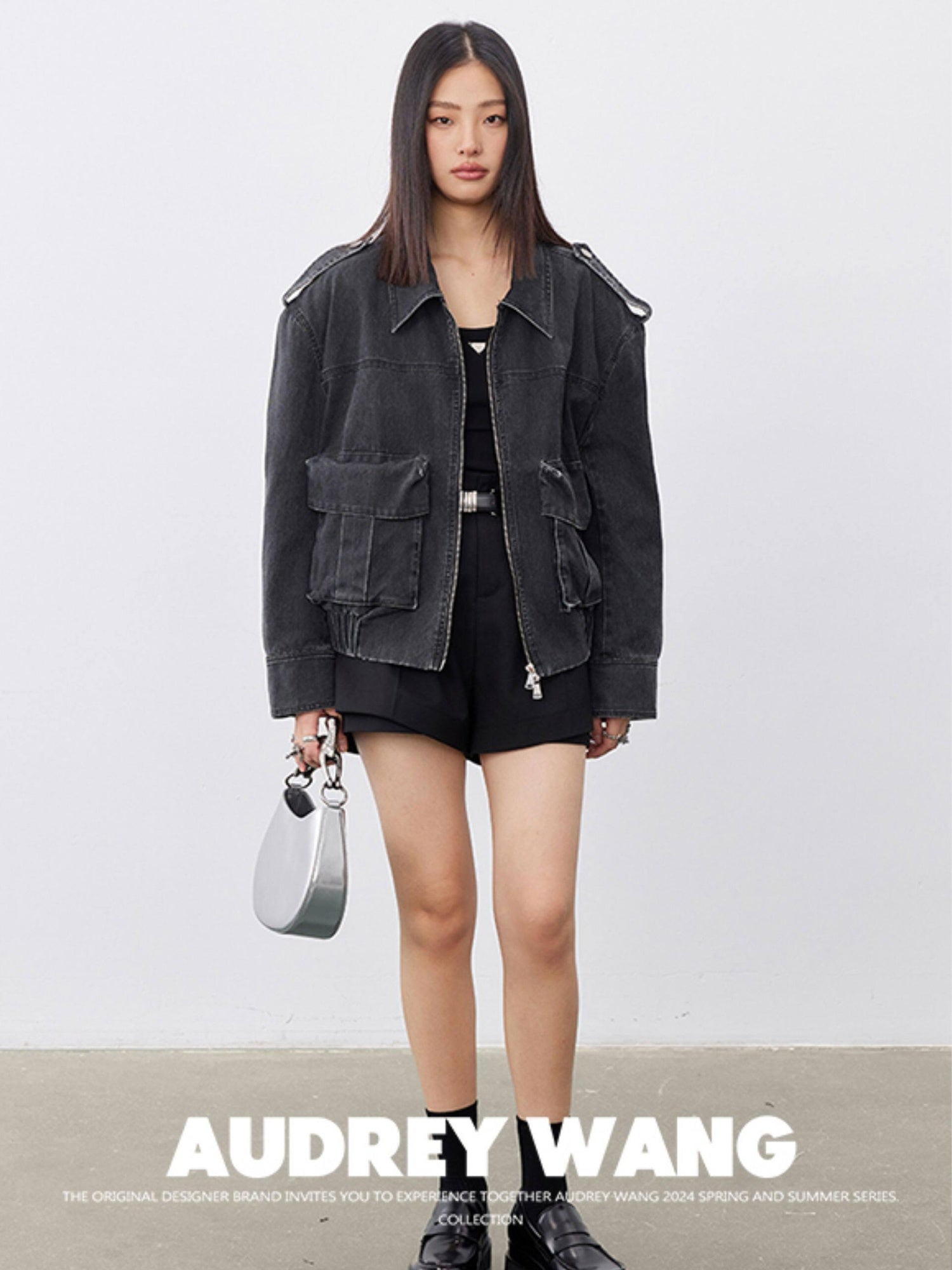 audreyyang Cotton Loose Commuter Lapel Zipper Long Sleeve Women Ash Gray Cropped Jackets