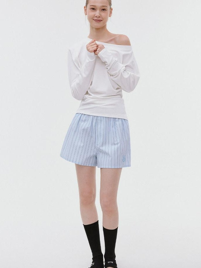 fano Elastic Waist Minimal Commuter Straight Cotton Blend Mist Blue Mid-Length Shorts