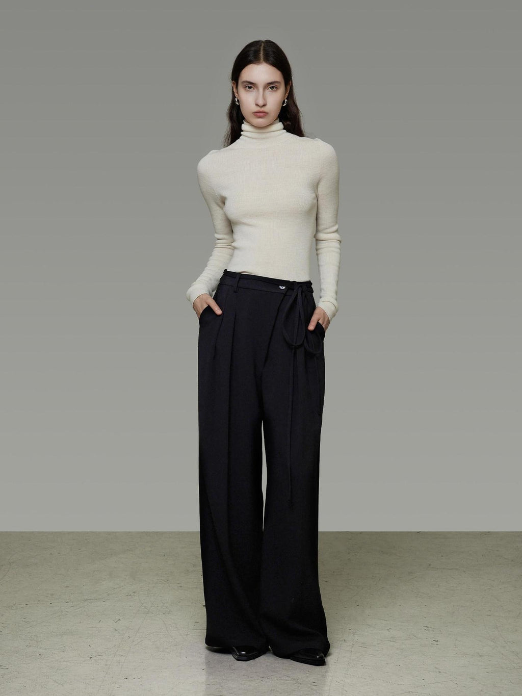 unspoken High Waist Tie Detail Minimalist Breathable Office Black Polyester Wide Leg Pants