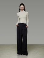 unspoken High Waist Tie Detail Minimalist Breathable Office Black Polyester Wide Leg Pants