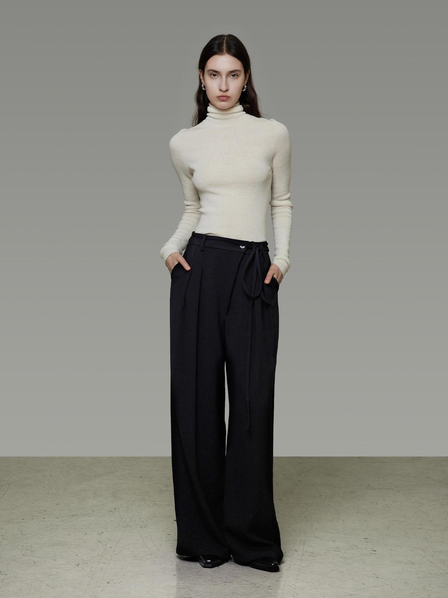 unspoken High Waist Tie Detail Minimalist Breathable Office Black Polyester Wide Leg Pants
