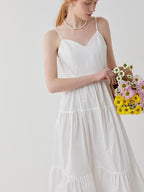 fano High Waist Pleated Minimalist V-neck Sleeveless A Line Cotton Casual Maxi Dresses