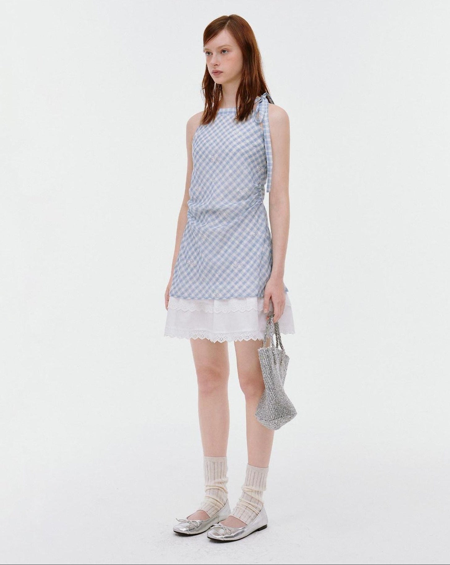 fano Soft Cotton Blend Halter Plaid Korean Office Hline Square Neck Midi Dresses