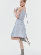 fano Elegant High Waist Aline Sleeveless Tie Waist Lyocell Light Blue Midi Dresses