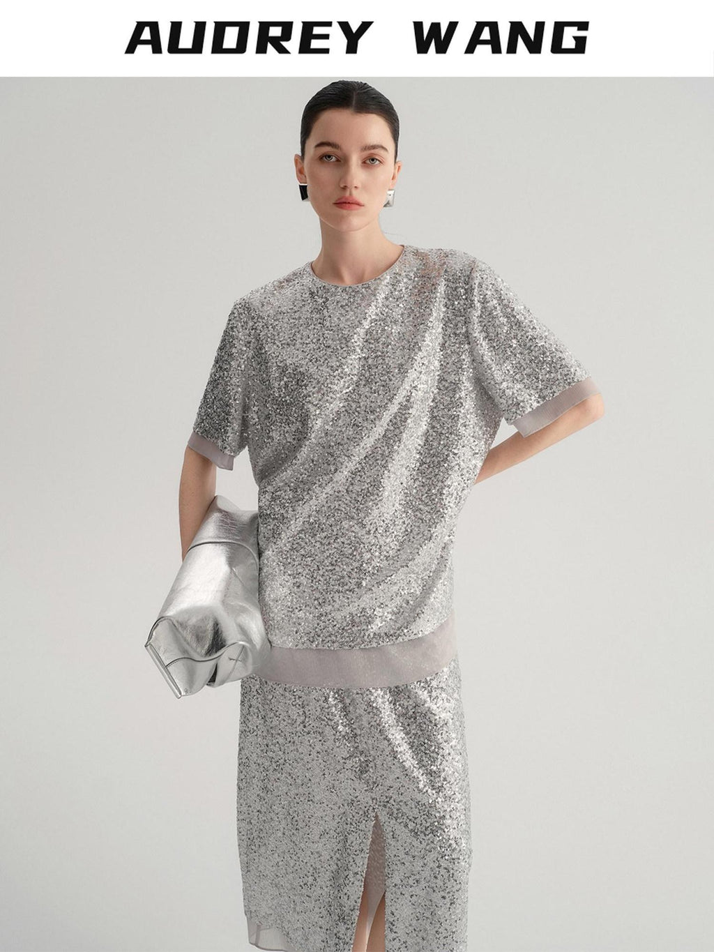 audreyyang Sparkling Sequin Casual Loose Fit Women Crew Neck Top & Skirt Sets